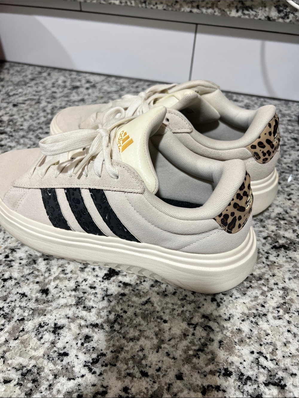 adidas Cream Sneakers with Black Stripes and Leopard Heel